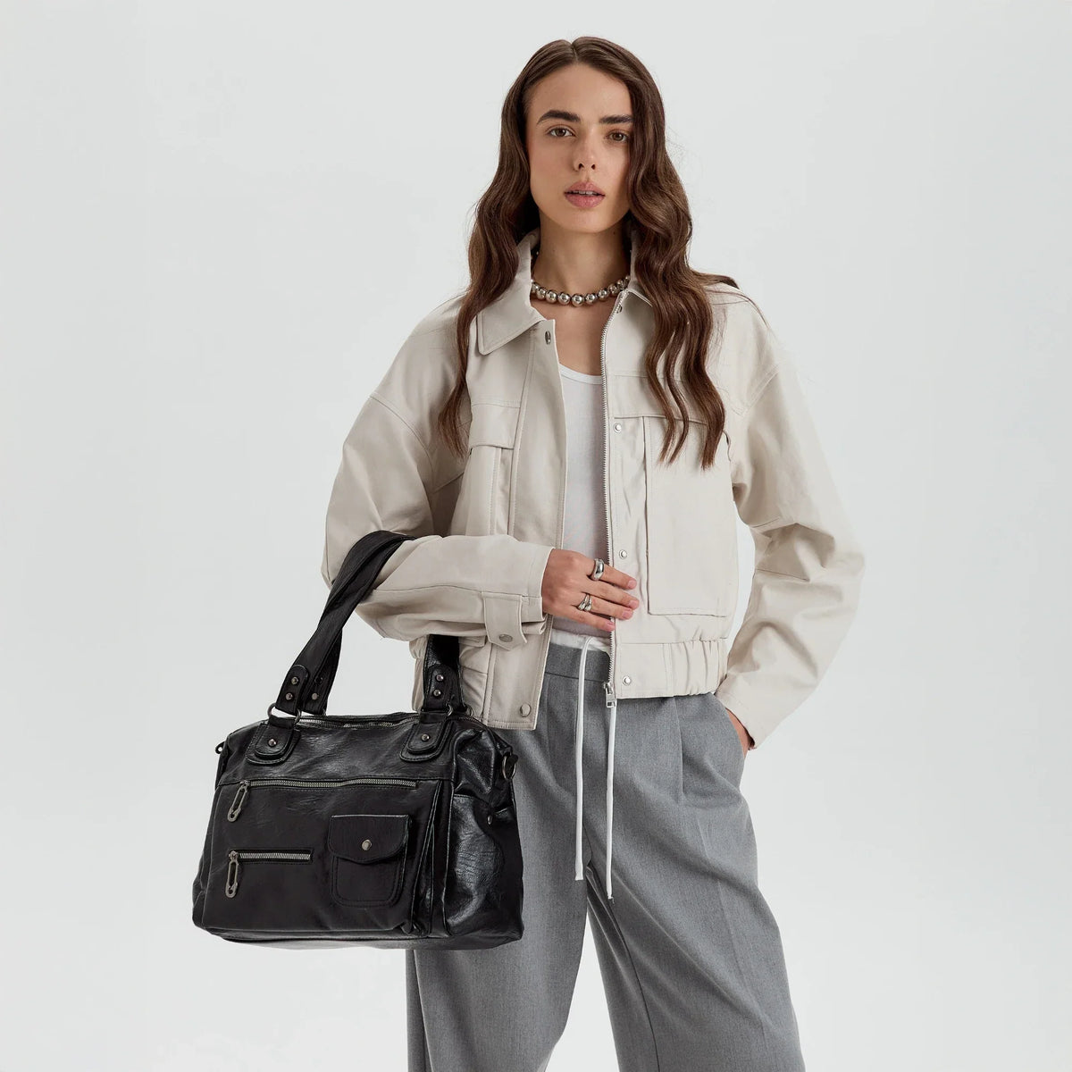 Crossbody Bag Faux Leather with Two Lined Compartments and Handles