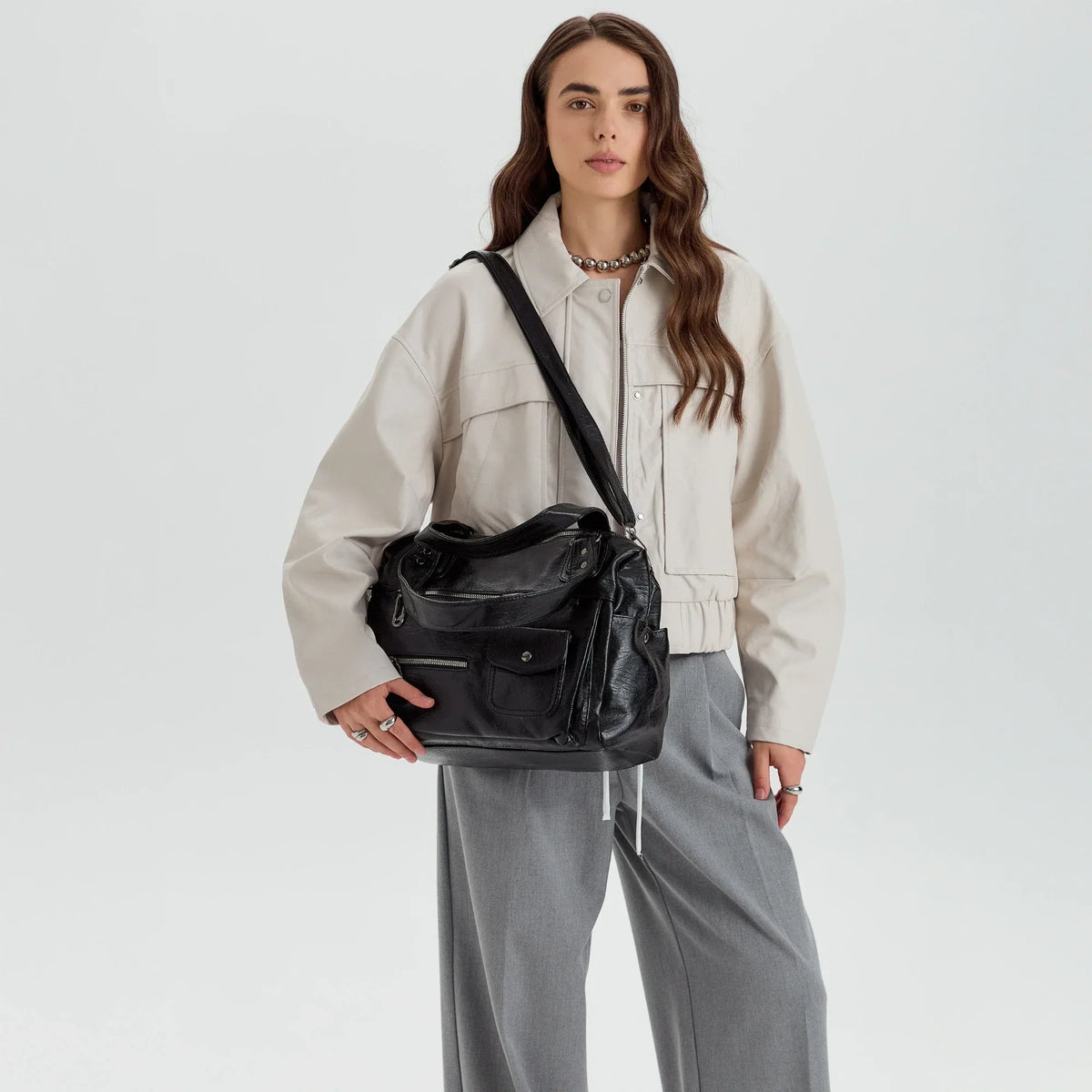Crossbody Bag Faux Leather with Two Lined Compartments and Handles