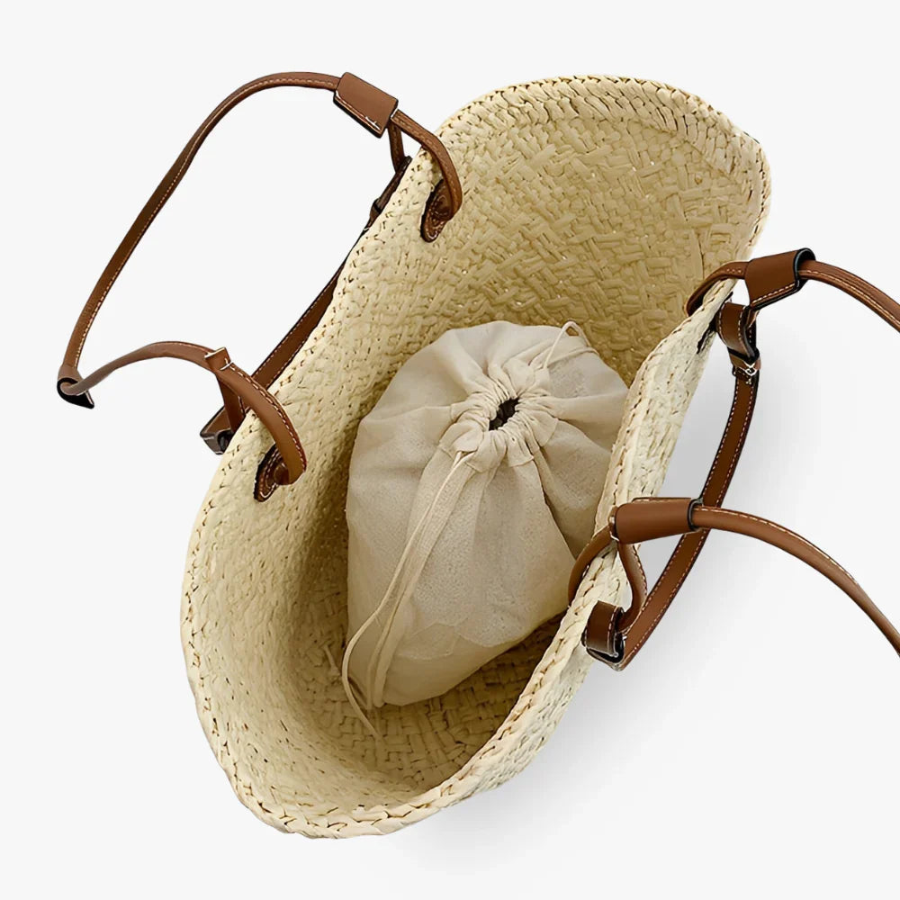 Tote Bag Straw Faux Leather with Long Double Handles