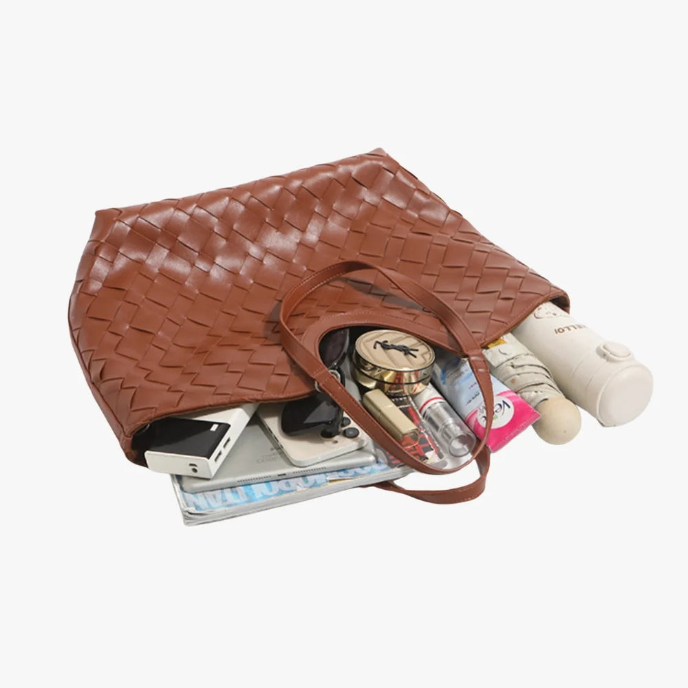 Tote Bag Woven Faux Leather with Magnetic Closure and Zip Pouch