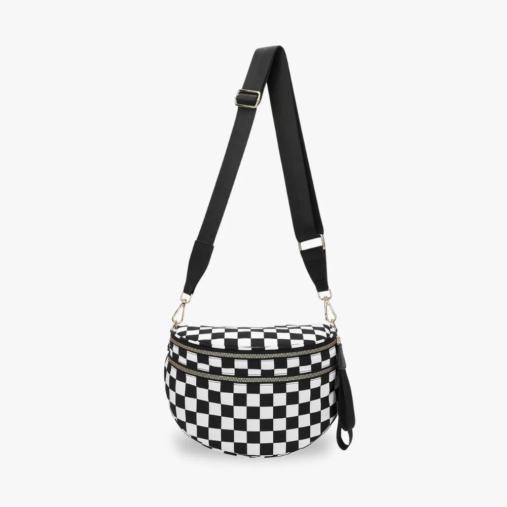 Crossbody Bag Checkered Water-Repellent Nylon with Double Zip