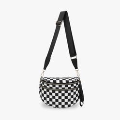 Crossbody Bag Checkered Water-Repellent Nylon with Double Zip