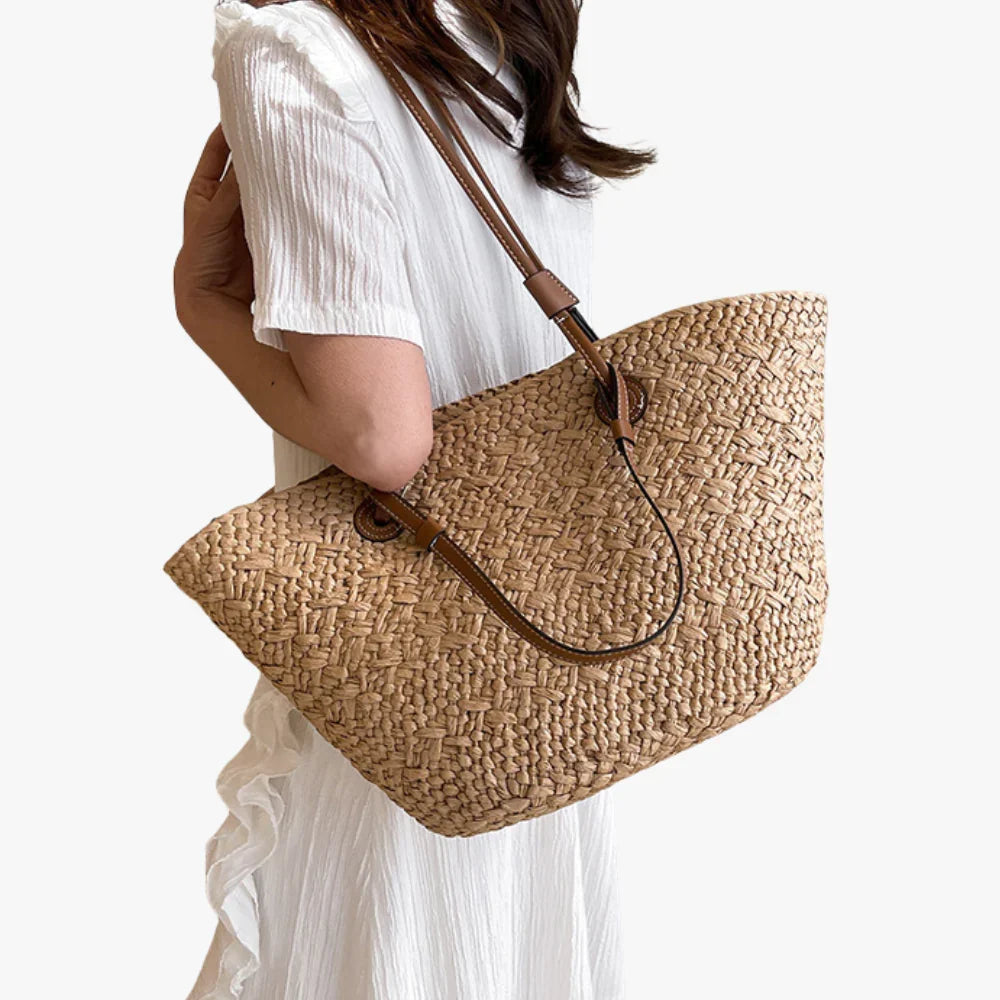 Tote Bag Straw Faux Leather with Long Double Handles