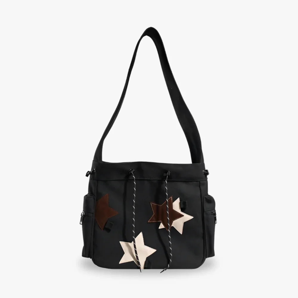 Hobo Bag Canvas with Star Patches, Zip and Laptop Compartment