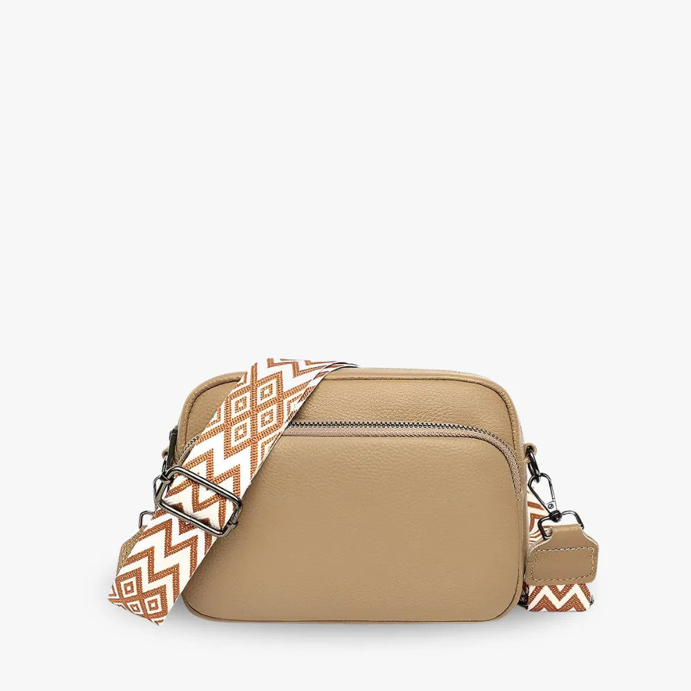 Crossbody Bag Faux Leather with Embroidered Strap and Zip Pockets