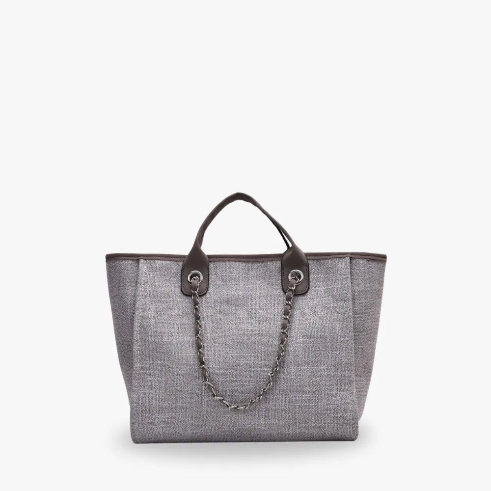 Tote Bag Textured Canvas with Chain Strap and Faux Leather Handle
