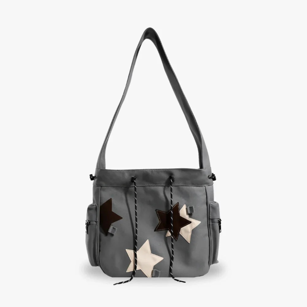 Hobo Bag Canvas with Star Patches, Zip and Laptop Compartment