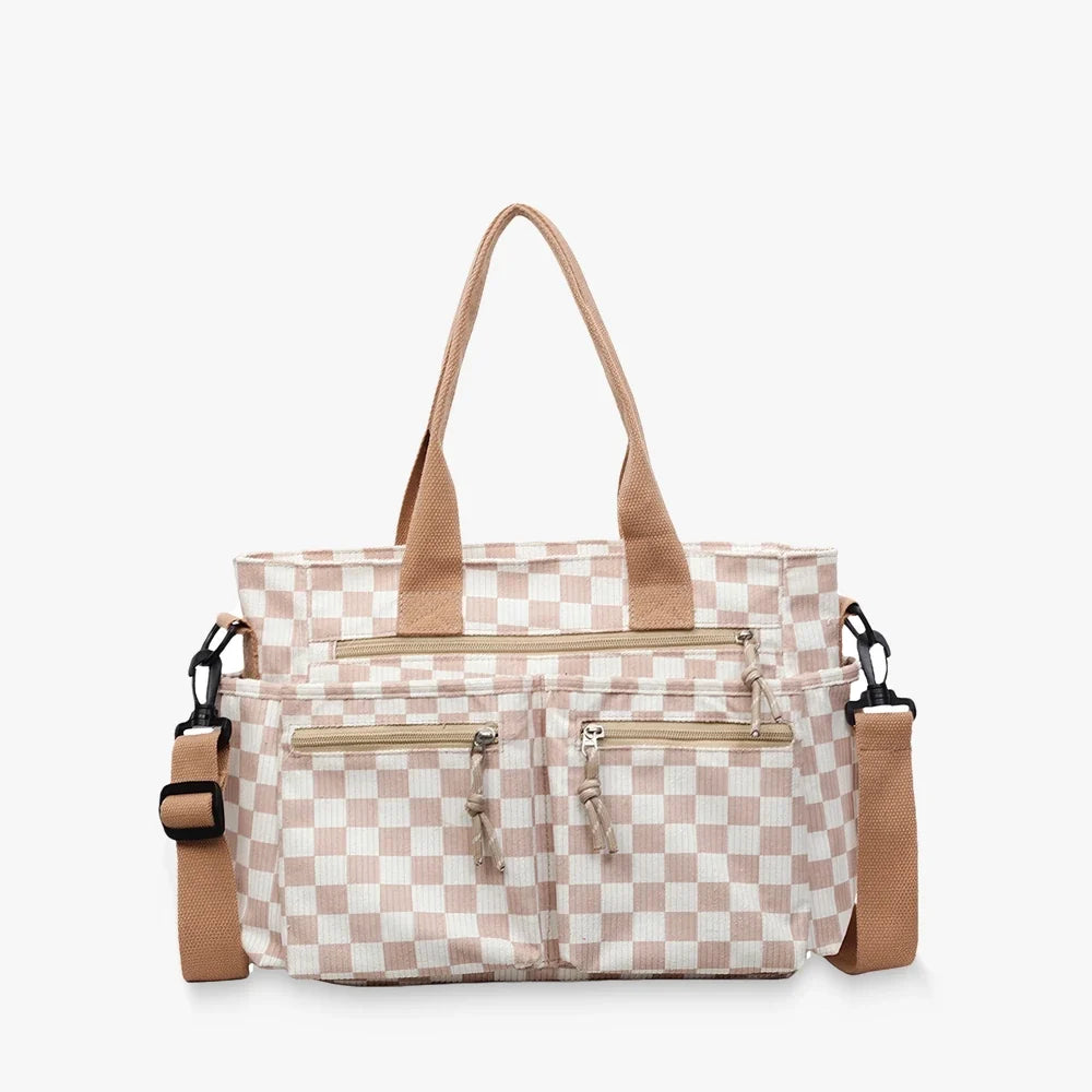 Crossbody Bag Checkered Corduroy with Top Handles and Pockets