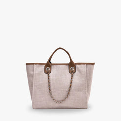 Tote Bag Textured Canvas with Chain Strap and Faux Leather Handle