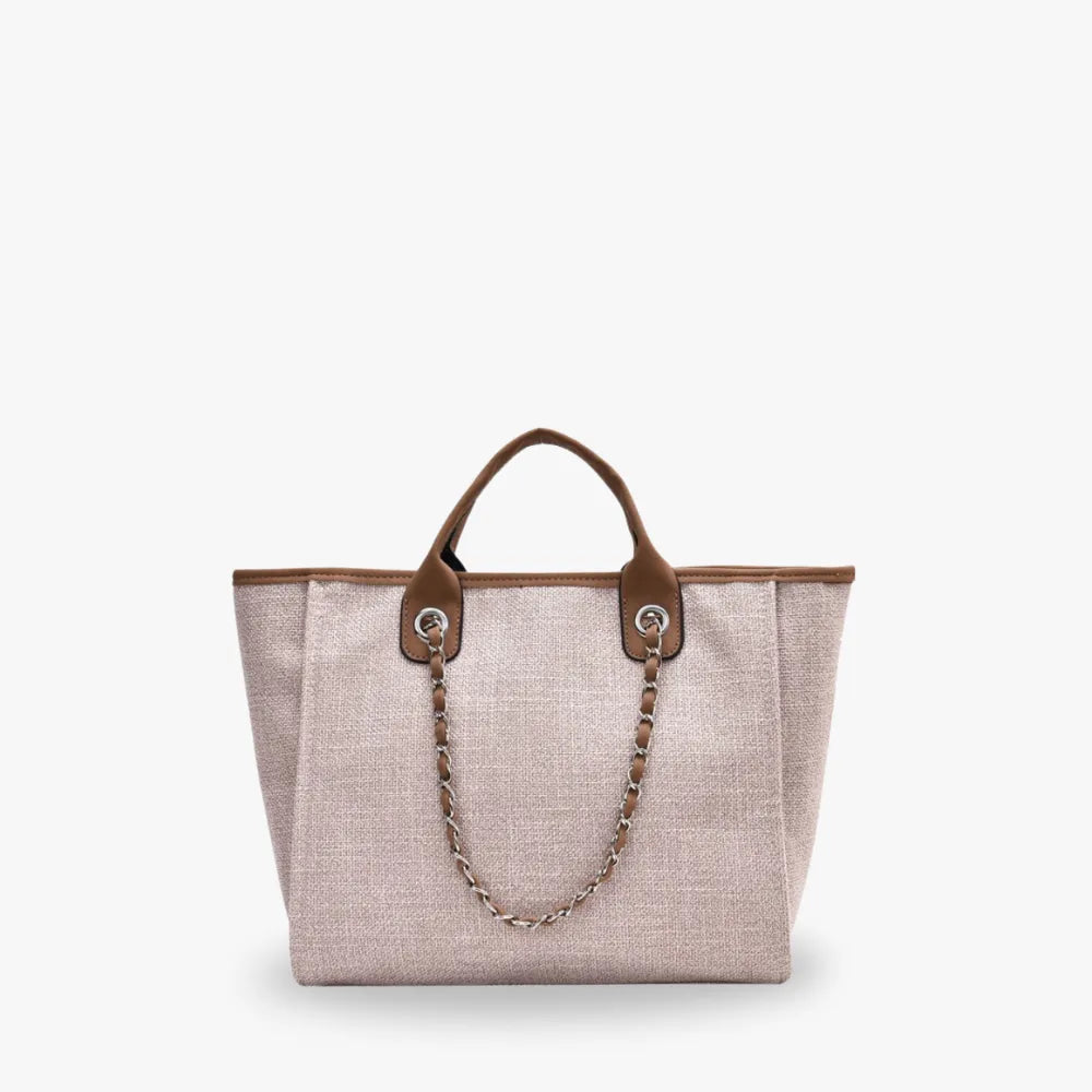 Tote Bag Textured Canvas with Chain Strap and Faux Leather Handle