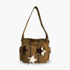 Hobo Bag Canvas with Star Patches, Zip and Laptop Compartment