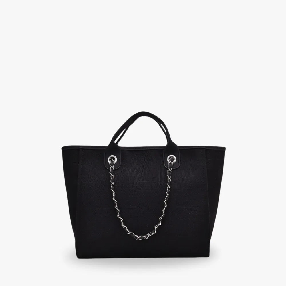 Tote Bag Textured Canvas with Chain Strap and Faux Leather Handle