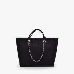 Tote Bag Textured Canvas with Chain Strap and Faux Leather Handle
