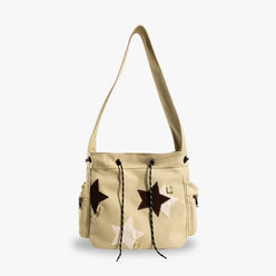 Hobo Bag Canvas with Star Patches, Zip and Laptop Compartment