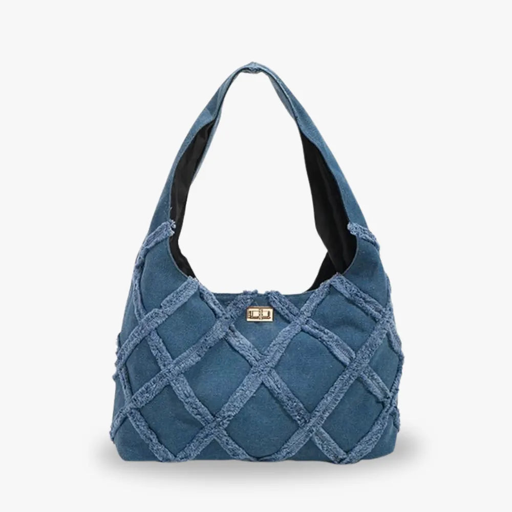 Hobo Bag Denim with Quilted Topstitching and Gold Turn-Lock