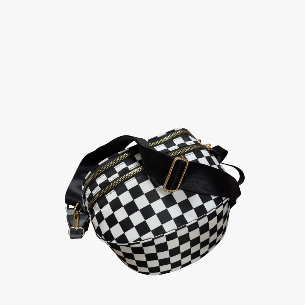 Crossbody Bag Checkered Water-Repellent Nylon with Double Zip