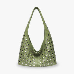 Hobo Bag Faux Leather with Metallic Rivets and Wide Strap