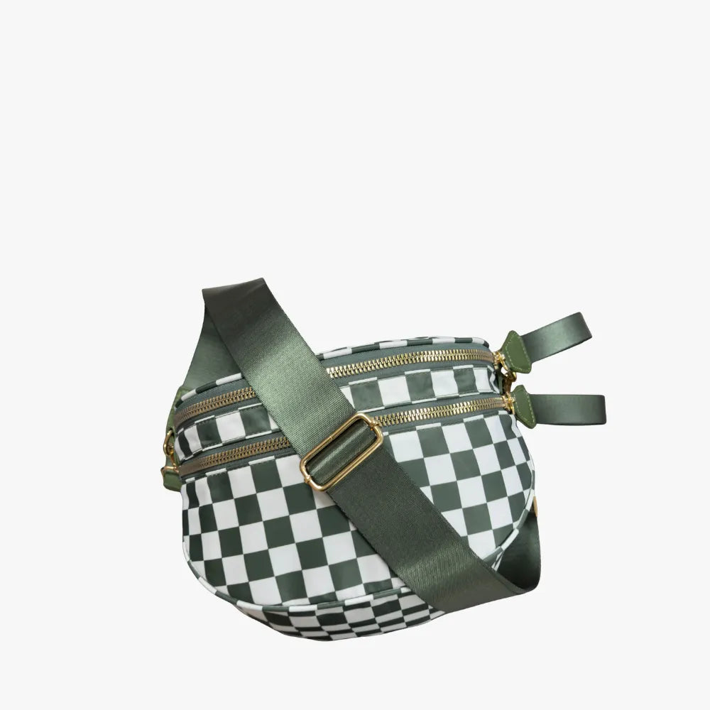 Crossbody Bag Checkered Water-Repellent Nylon with Double Zip