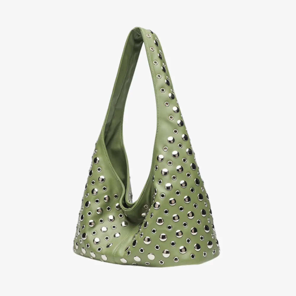 Hobo Bag Faux Leather with Metallic Rivets and Wide Strap