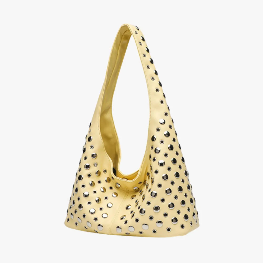 Hobo Bag Faux Leather with Metallic Rivets and Wide Strap
