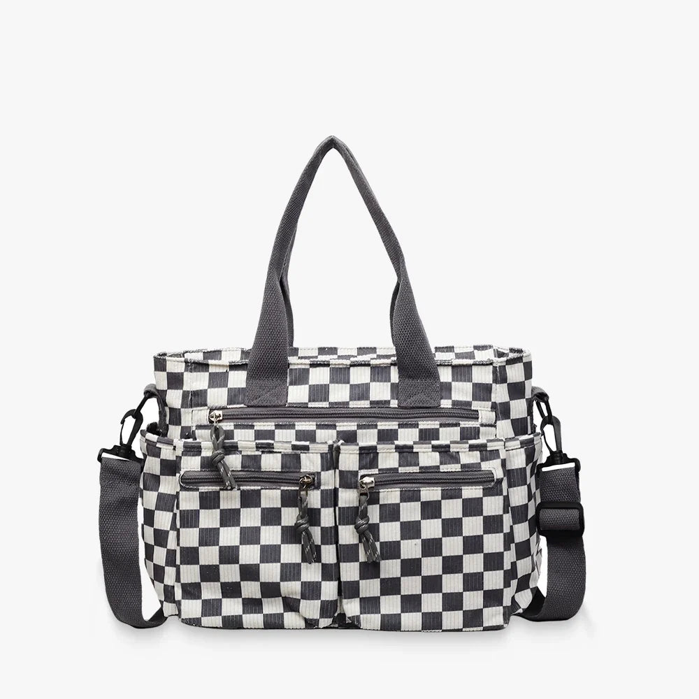 Crossbody Bag Checkered Corduroy with Top Handles and Pockets