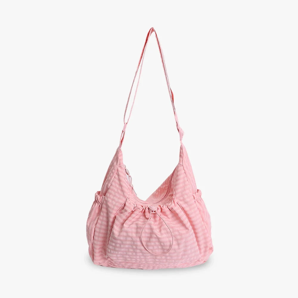 Crossbody Bag Checkered Nylon Polyester with Drawstring Front Pocket