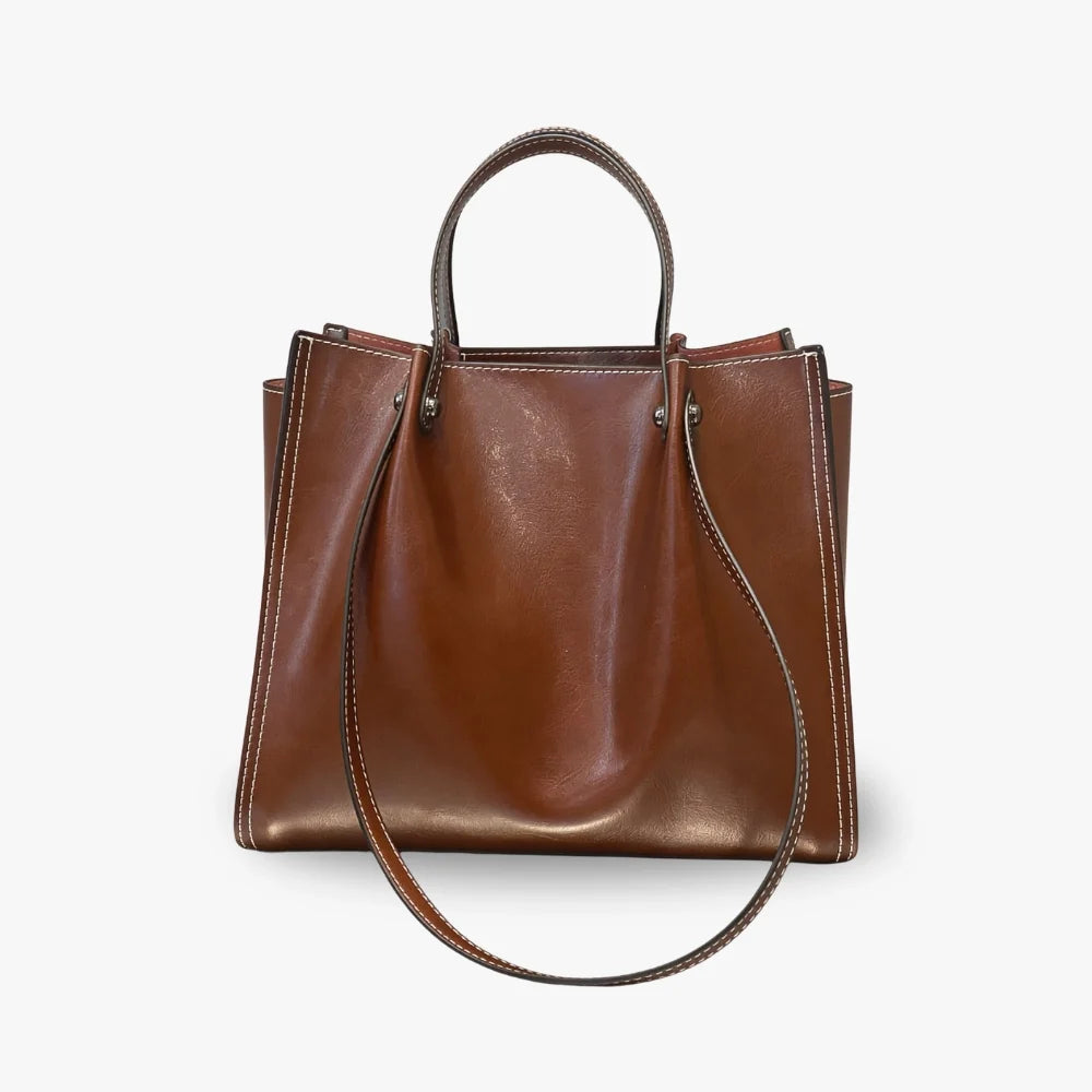 Tote Bag Genuine Leather with Three Compartments and Topstitching