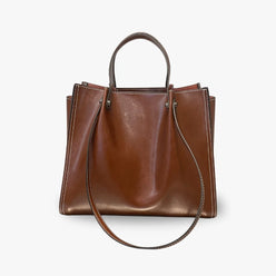 Tote Bag Genuine Leather with Three Compartments and Topstitching