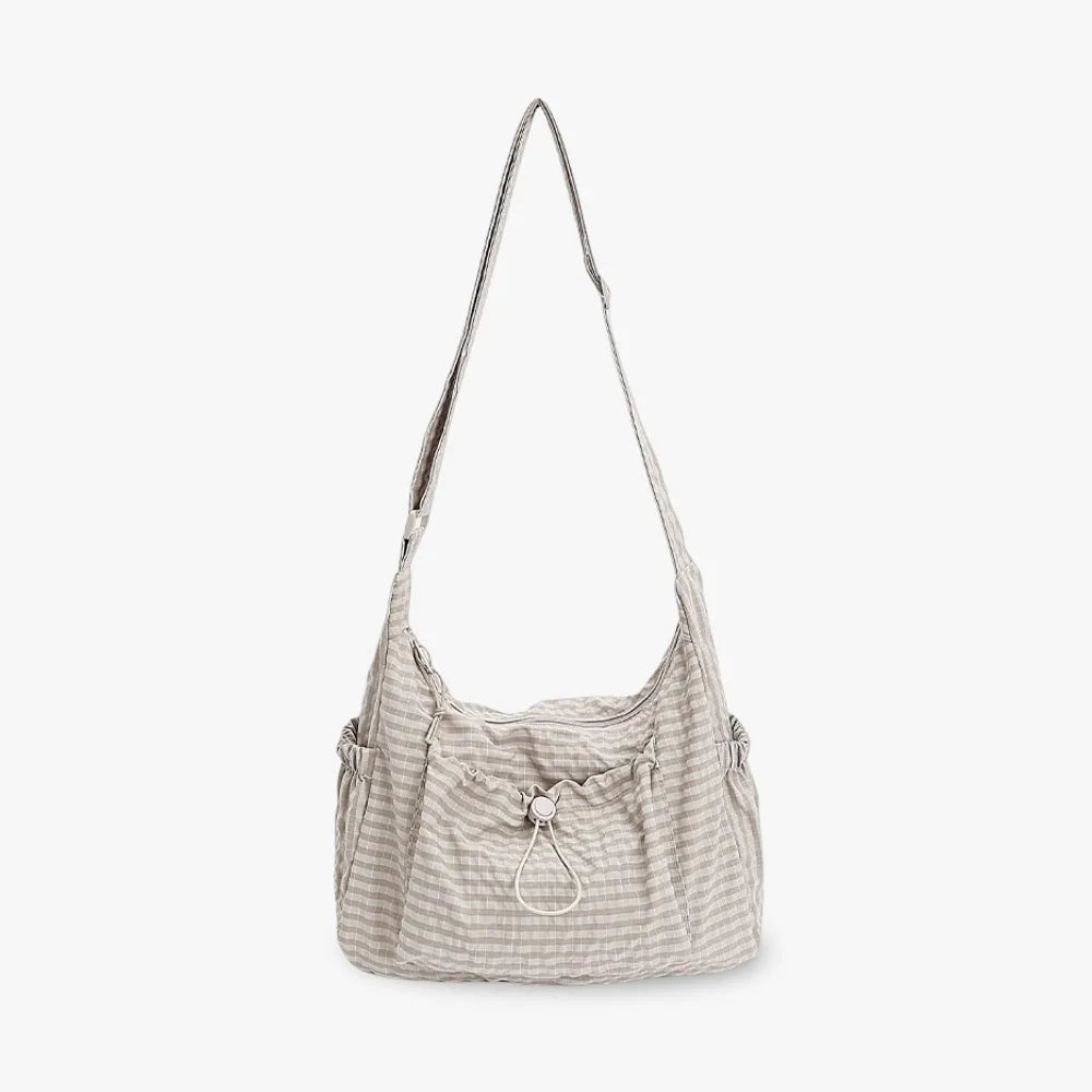 Crossbody Bag Checkered Nylon Polyester with Drawstring Front Pocket