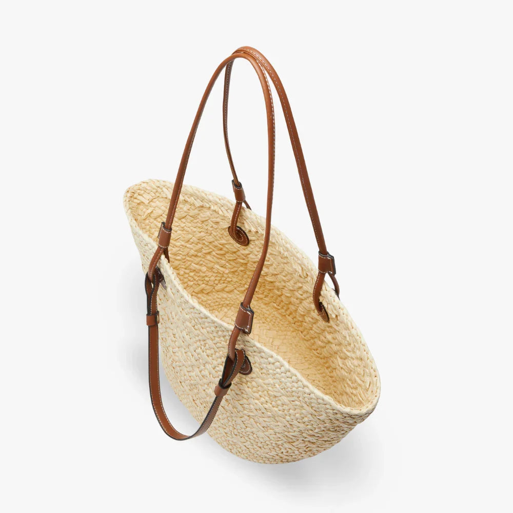Tote Bag Straw Faux Leather with Long Double Handles