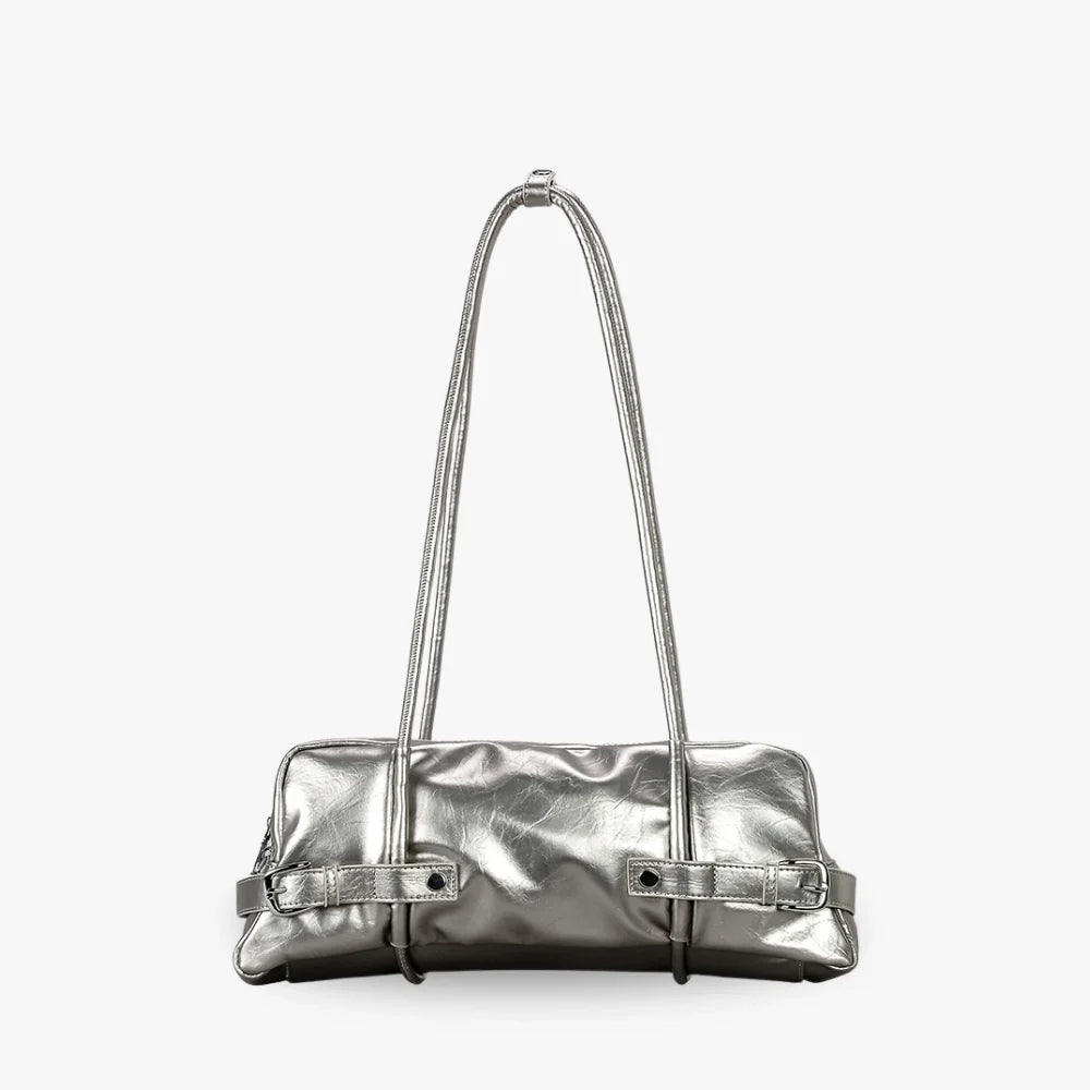 Shoulder Bag Faux Leather Glossy with Front Belt and Top Zip