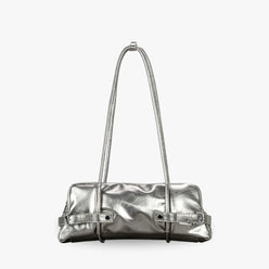 Shoulder Bag Faux Leather Glossy with Front Belt and Top Zip