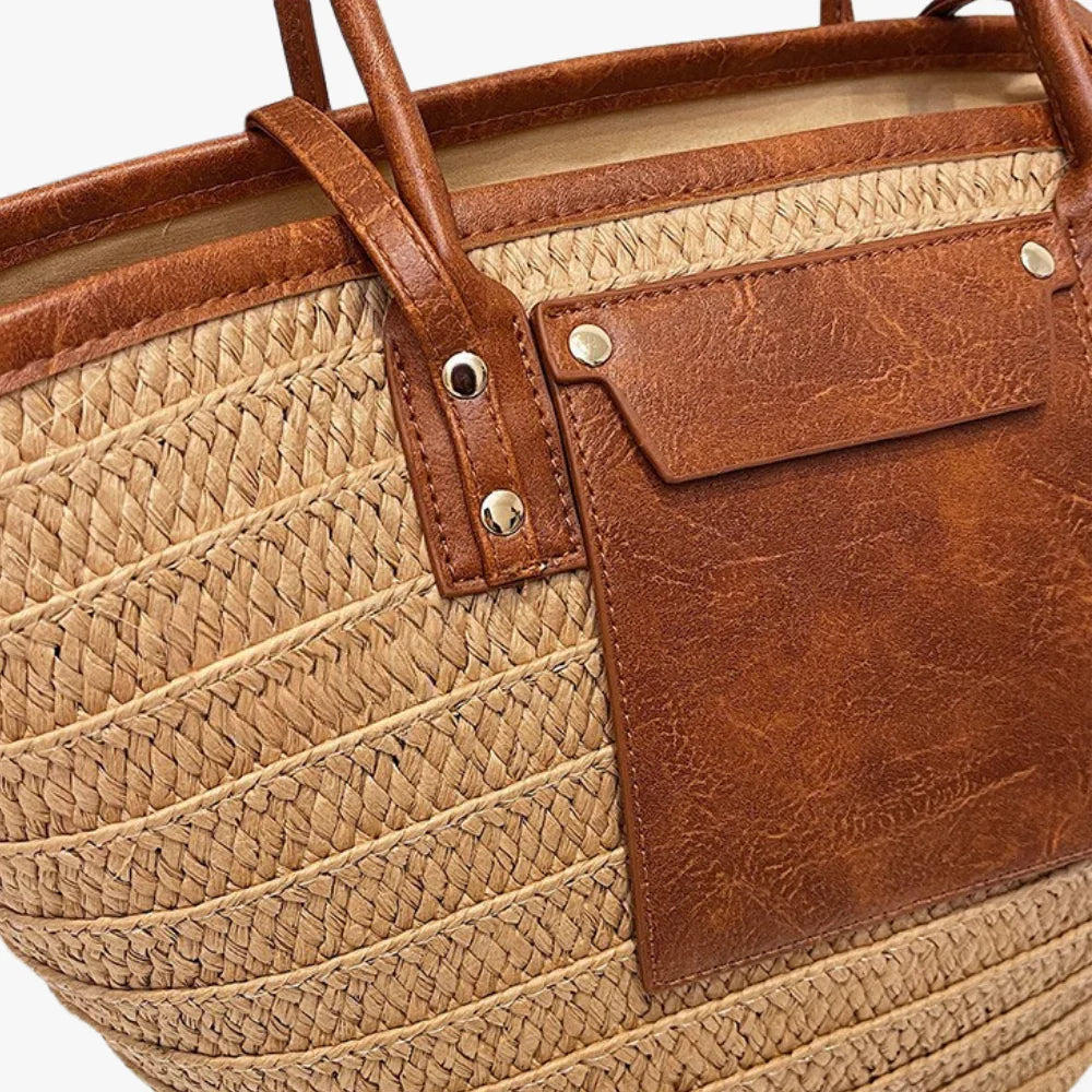 Tote Bag Straw Faux Leather with Central Zip and Inner Pocket