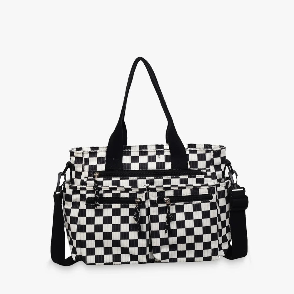Crossbody Bag Checkered Corduroy with Top Handles and Pockets