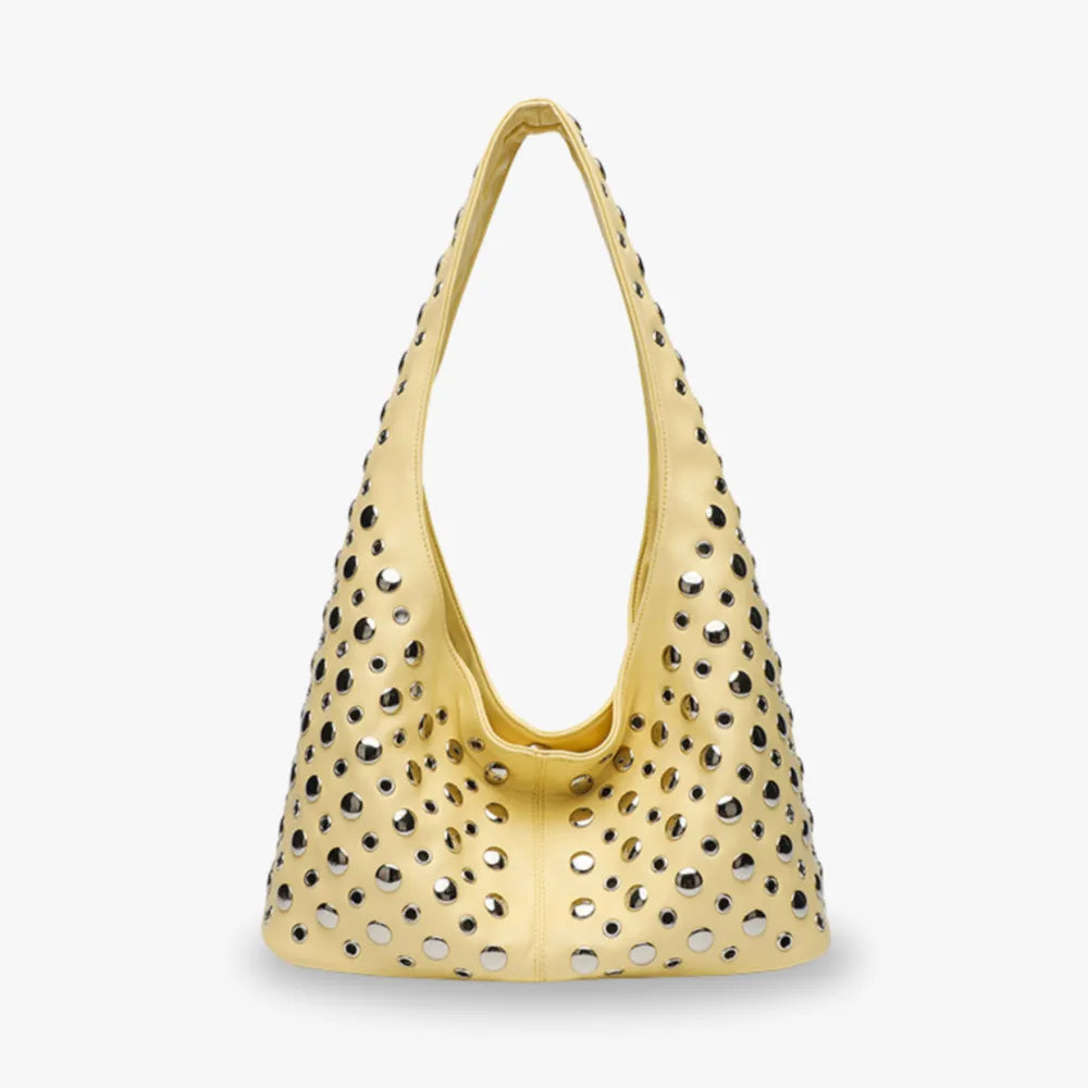 Hobo Bag Faux Leather with Metallic Rivets and Wide Strap
