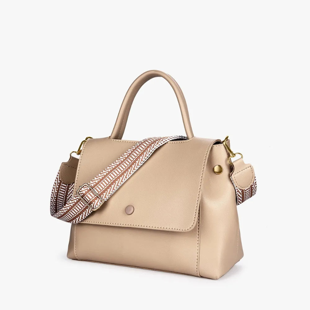 Top Handle Bag Faux Leather with Canvas Crossbody Strap