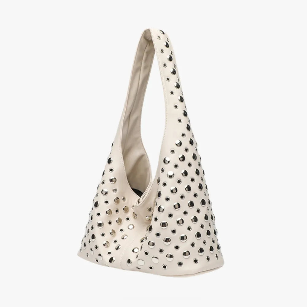 Hobo Bag Faux Leather with Metallic Rivets and Wide Strap