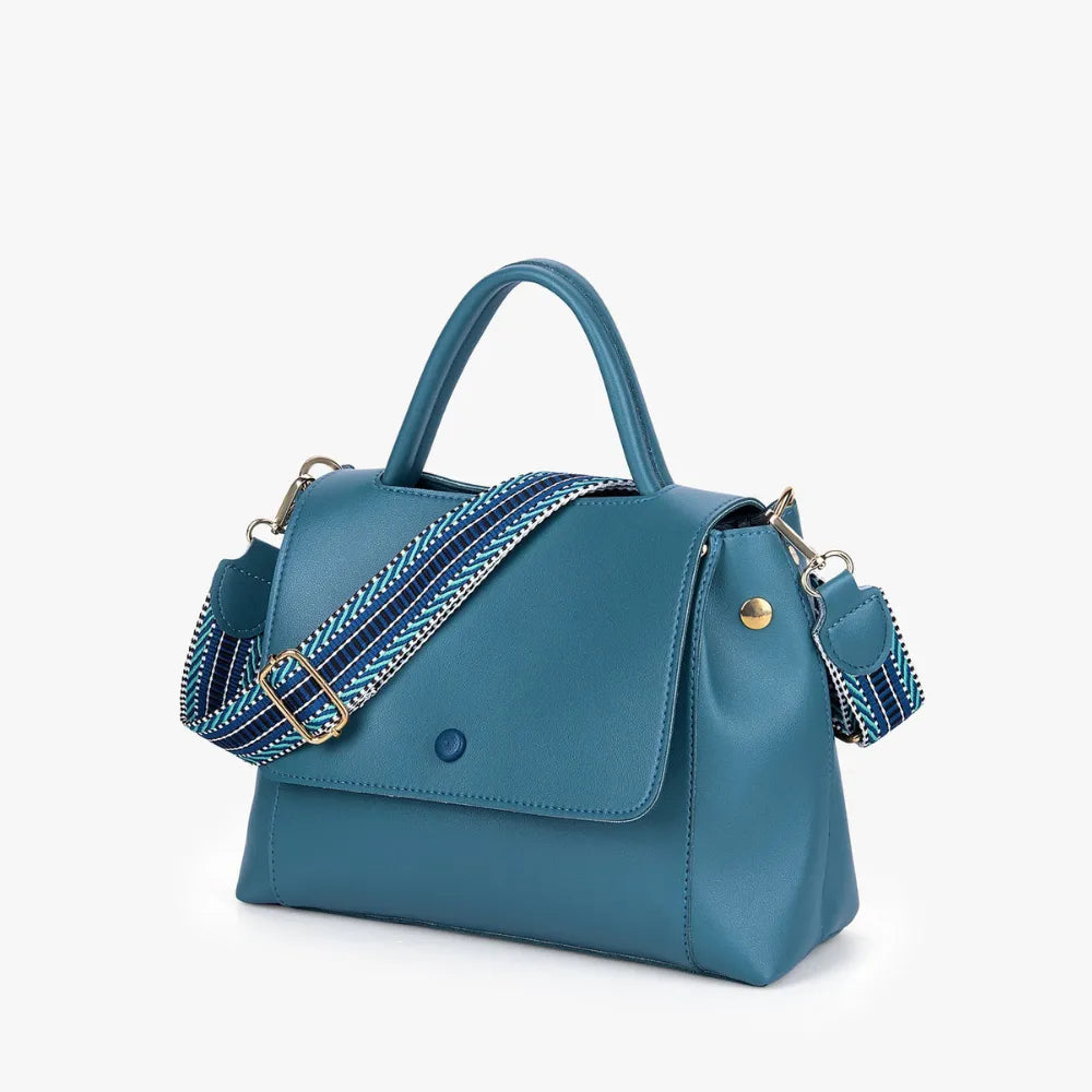 Top Handle Bag Faux Leather with Canvas Crossbody Strap