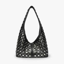 Hobo Bag Faux Leather with Metallic Rivets and Wide Strap