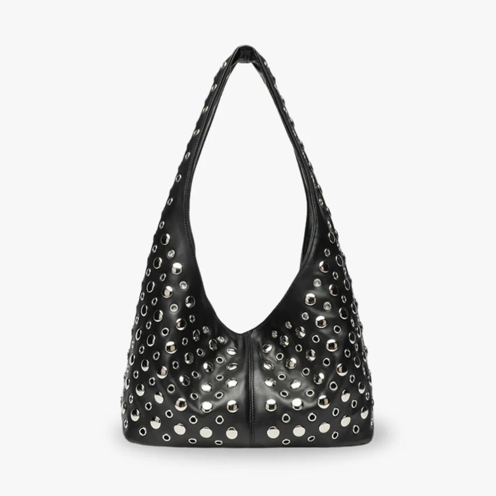 Hobo Bag Faux Leather with Metallic Rivets and Wide Strap