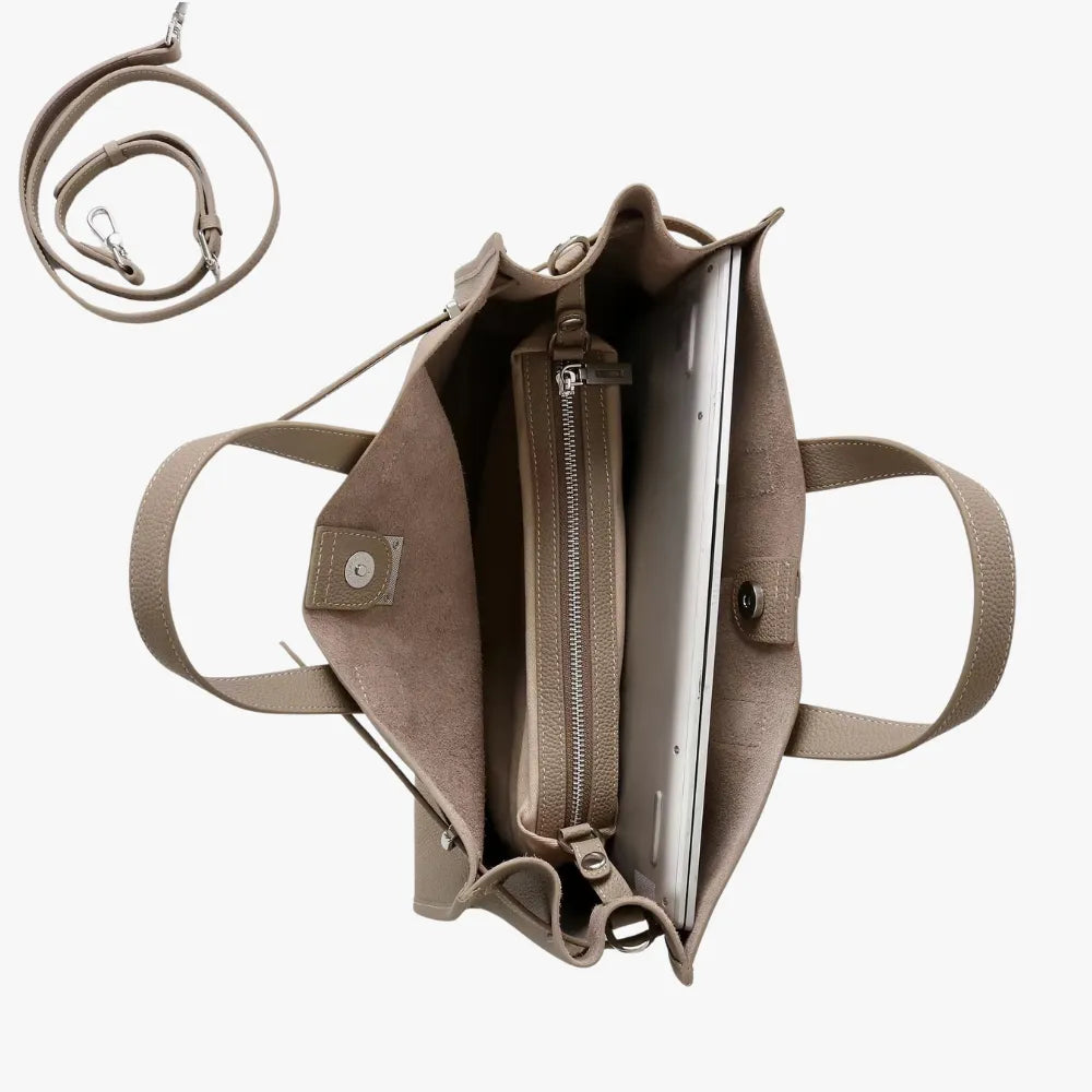 Tote Bag Grained Leather with Detachable Strap and Laptop Fit