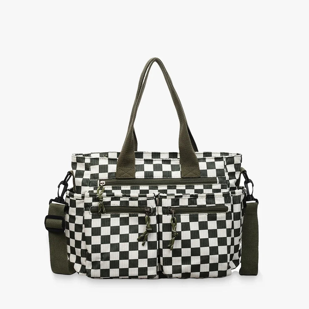 Crossbody Bag Checkered Corduroy with Top Handles and Pockets