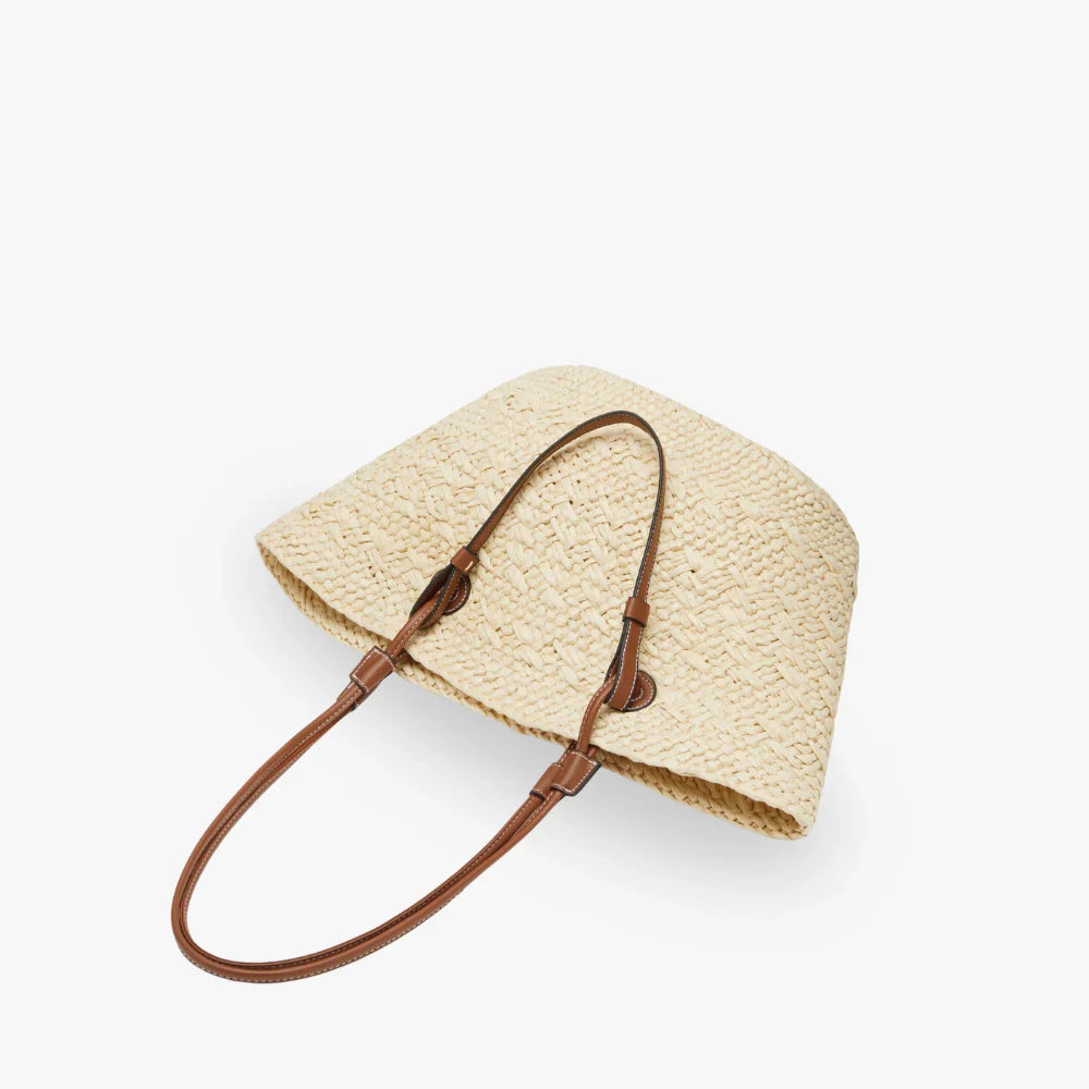 Tote Bag Straw Faux Leather with Long Double Handles