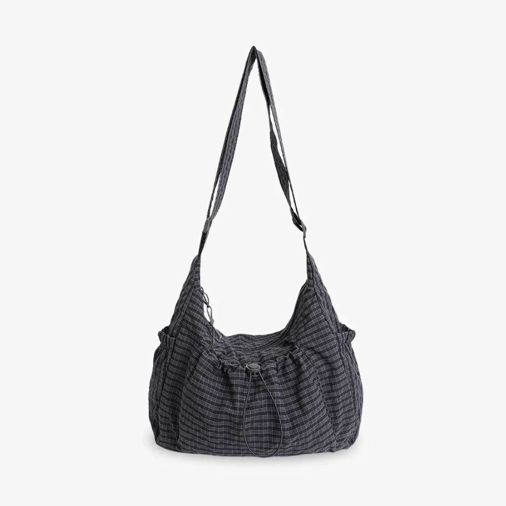 Crossbody Bag Checkered Nylon Polyester with Drawstring Front Pocket
