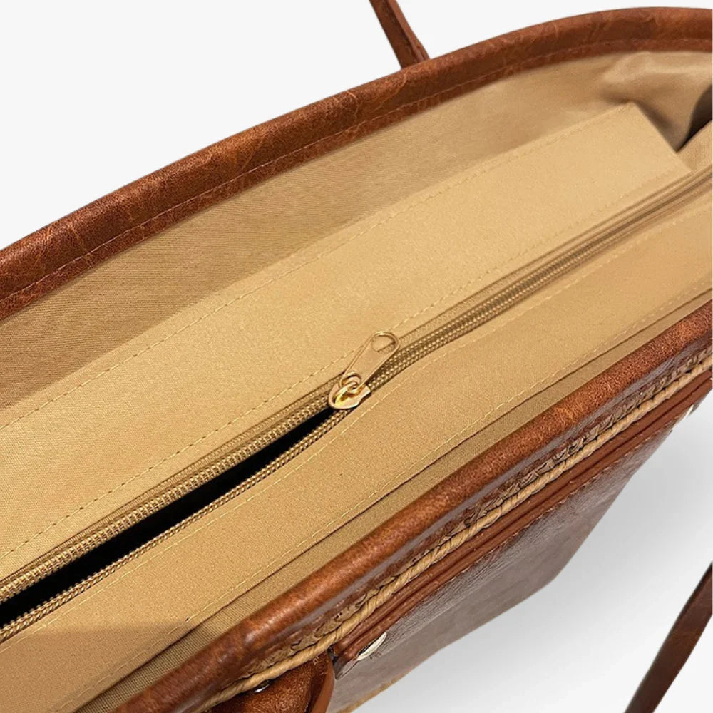 Tote Bag Straw Faux Leather with Central Zip and Inner Pocket
