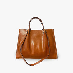 Tote Bag Genuine Leather with Three Compartments and Topstitching