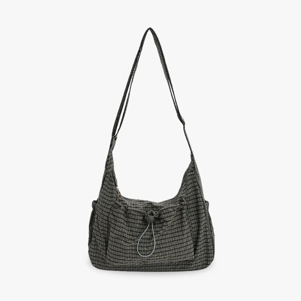 Crossbody Bag Checkered Nylon Polyester with Drawstring Front Pocket
