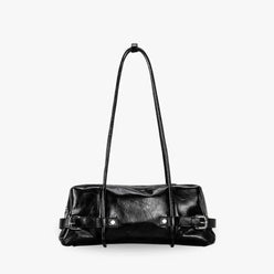 Shoulder Bag Faux Leather Glossy with Front Belt and Top Zip