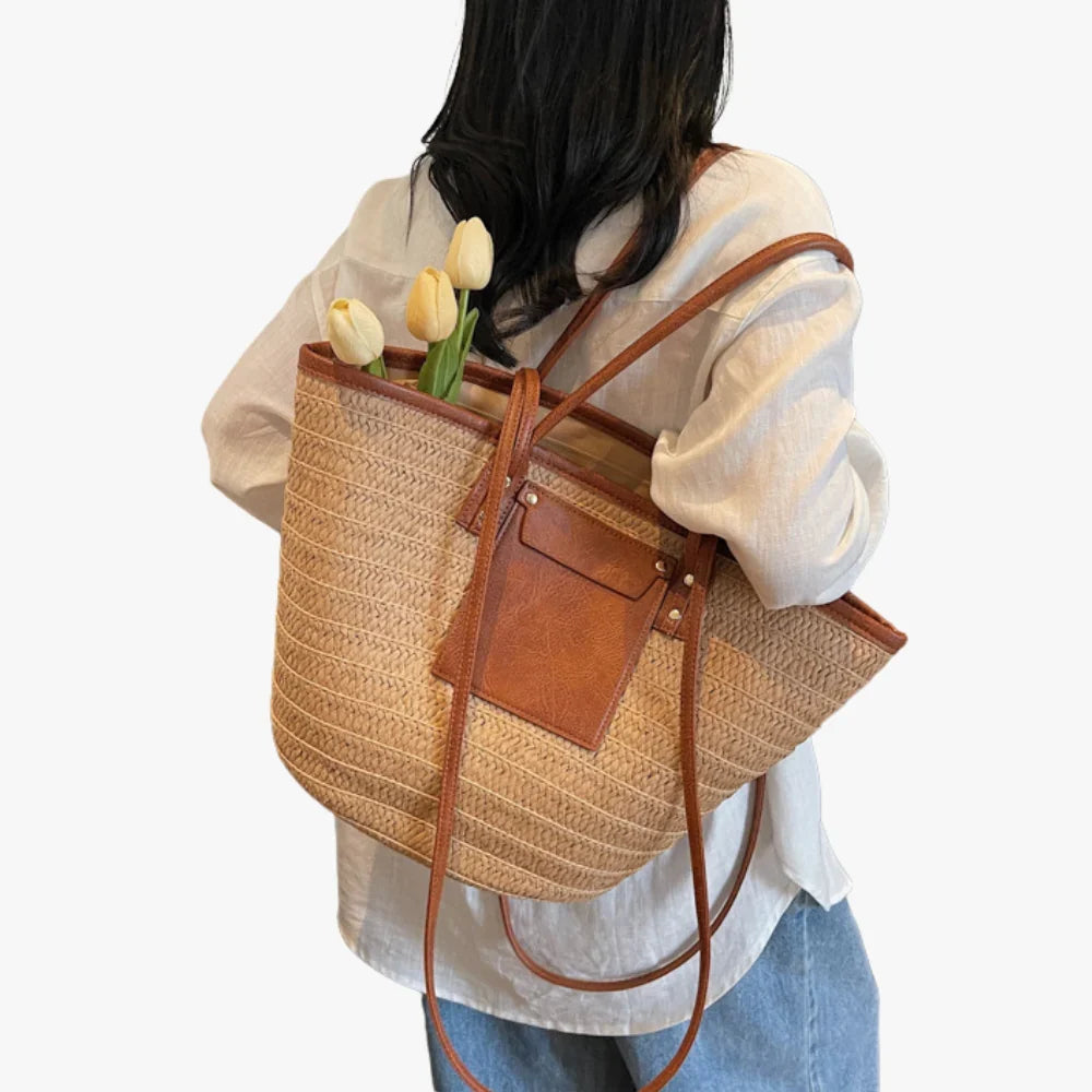 Tote Bag Straw Faux Leather with Central Zip and Inner Pocket