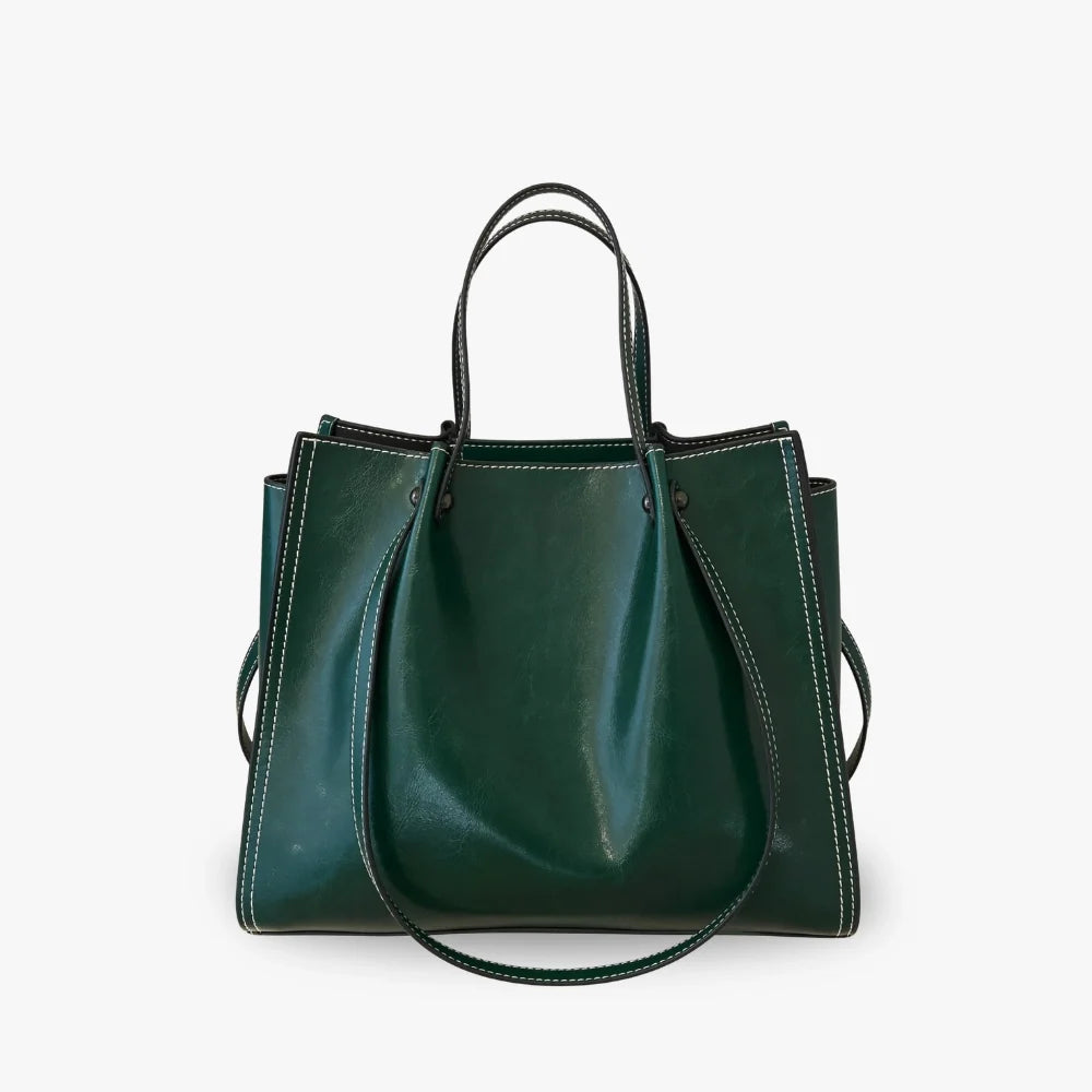 Tote Bag Genuine Leather with Three Compartments and Topstitching